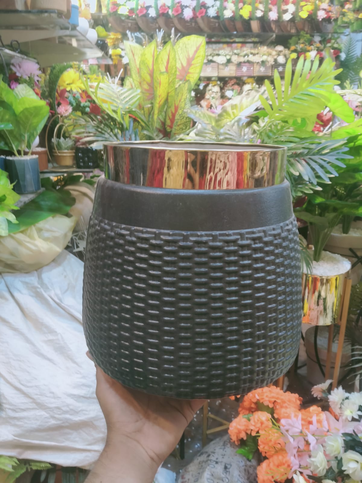 Shaded Dwarf Umbrella Plant with Golden Neck Pot – additional product view 3
